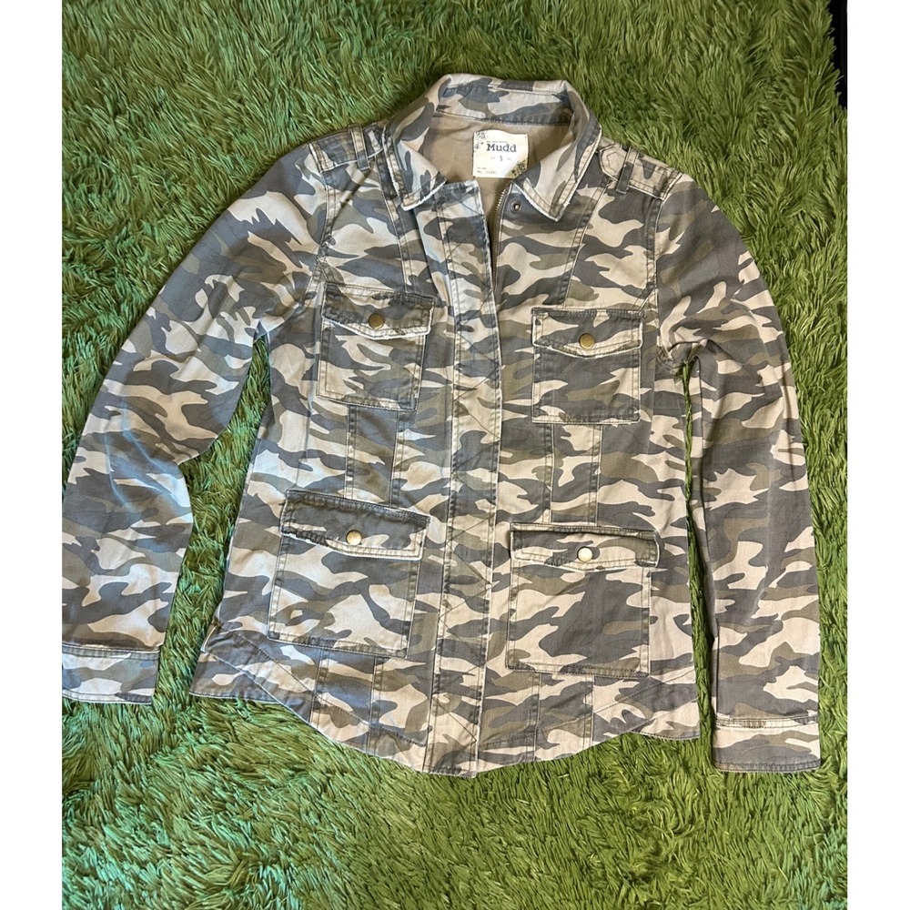 Mudd Jacket Women Small‎ Camo Green Utility Camouflage Full Button/Zip Cotton